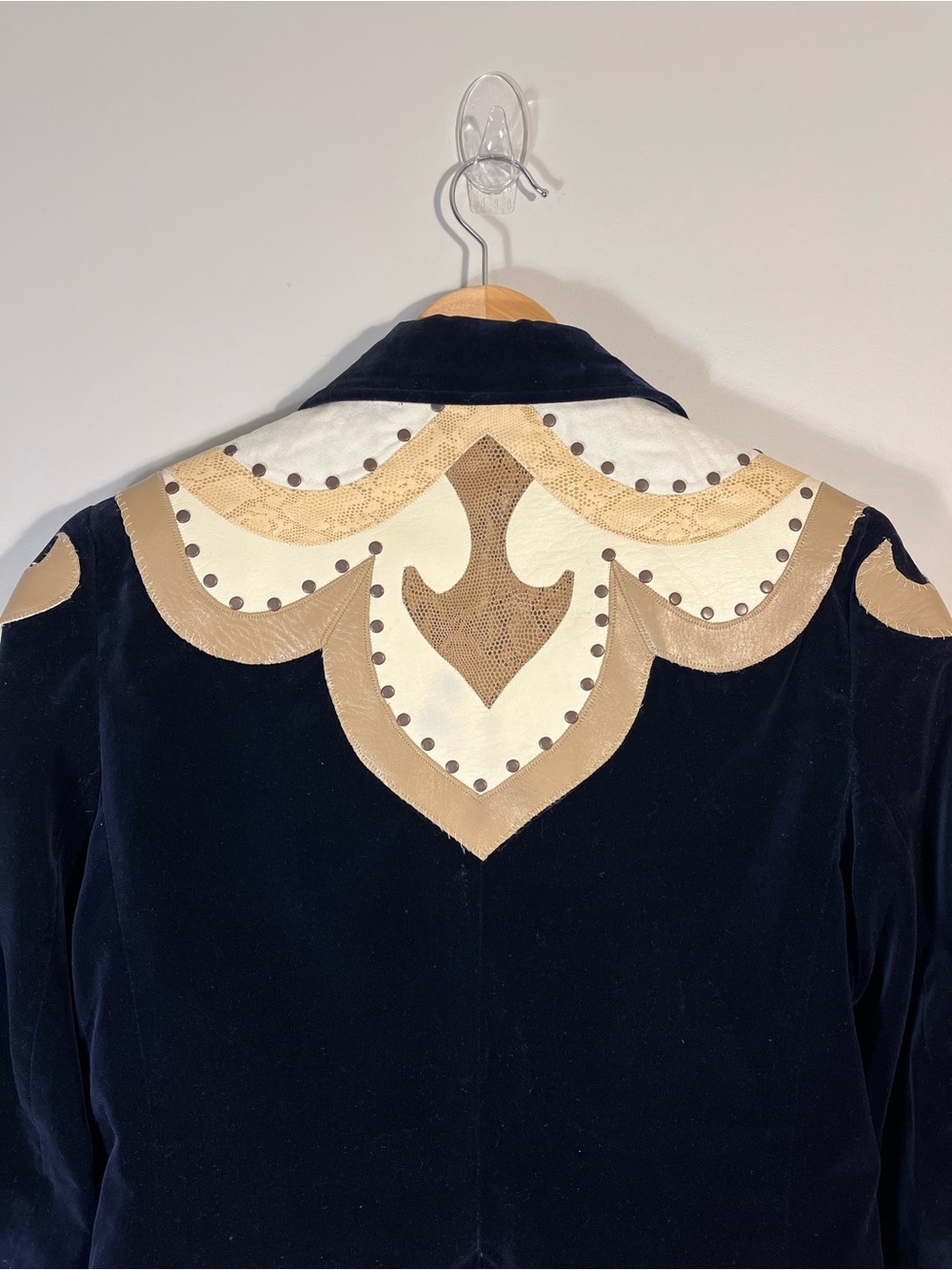 Navy Velvet Vintage Custom Upcycled Blazer Jacket Western Embellished - Picture 9 of 14